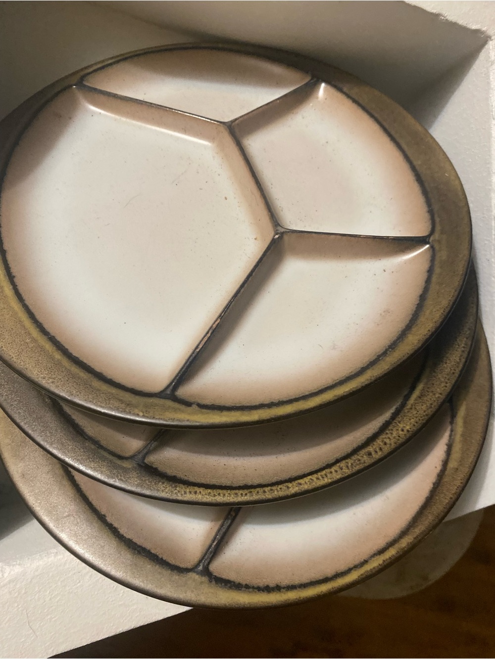 Ceramic 3-Section Serving Plates in Cream with Bronze Rim